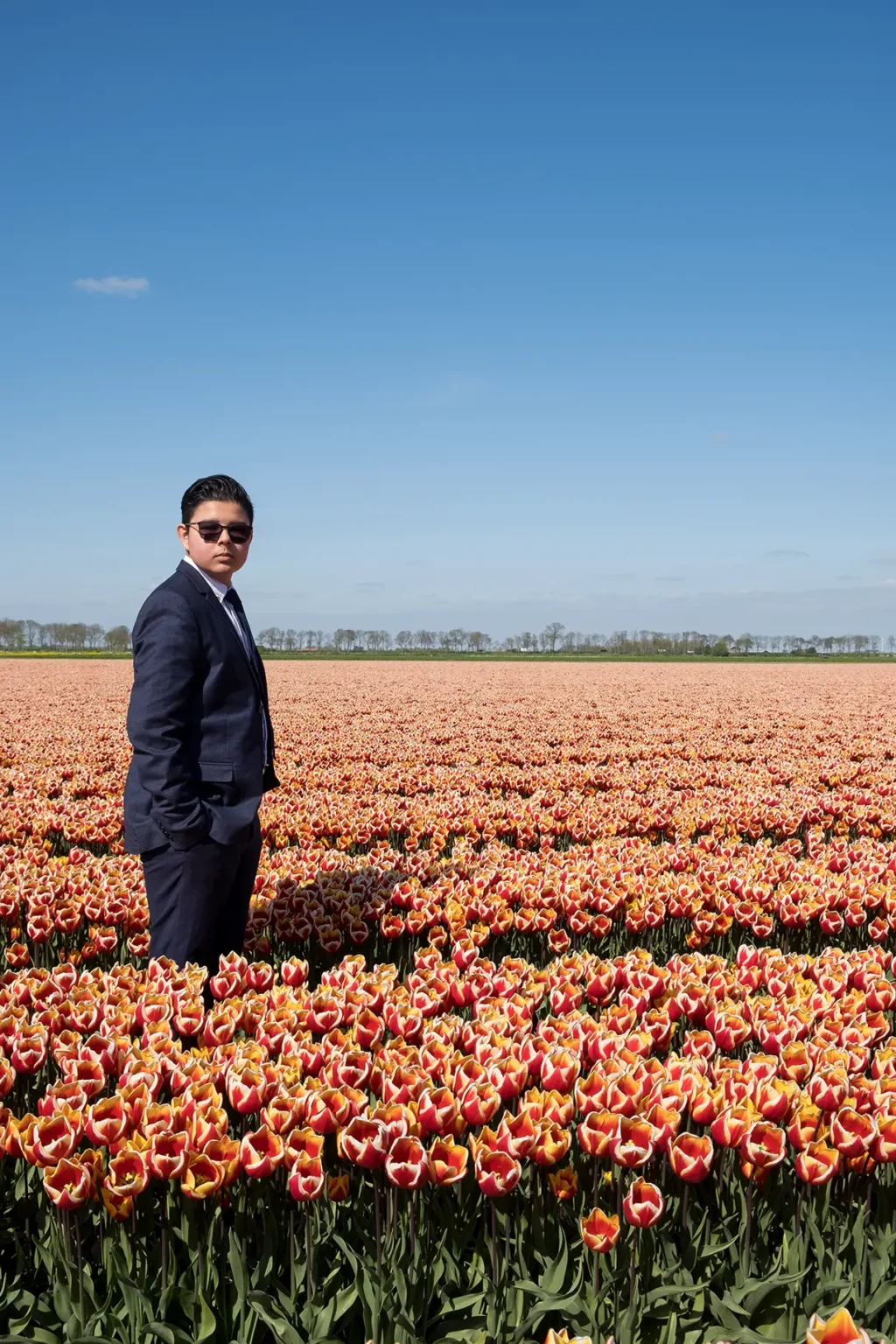 jongeman in een tulpenveld in maatpak